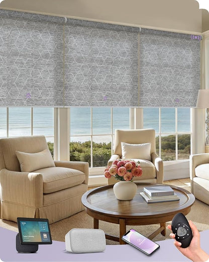 Graywind Smart Coupled Roller Shades Compatible with Alexa Google Custom Size Extra Large Motorized Blinds for Windows(1% Openess Geometry Grey)