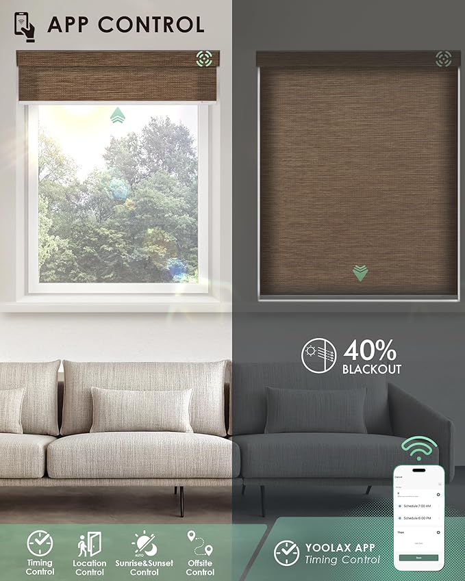 Yoolax Motorized Blinds with Remote, Light Filtering Smart Blinds Work with Alexa, Google, Automatic Roller Shades for Windows, Custom Electric Shades for Living Room Office (Eco Cocoa)