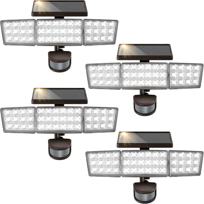 Solar Lights Outdoor, 3500LM 168 LED Motion Sensor Solar Flood Lights, 3 Heads 300° Wide Angle, 3 Modes IP65 Waterproof Solar Security Lights for Yard Garden Patio, 4 Pack (Brown)