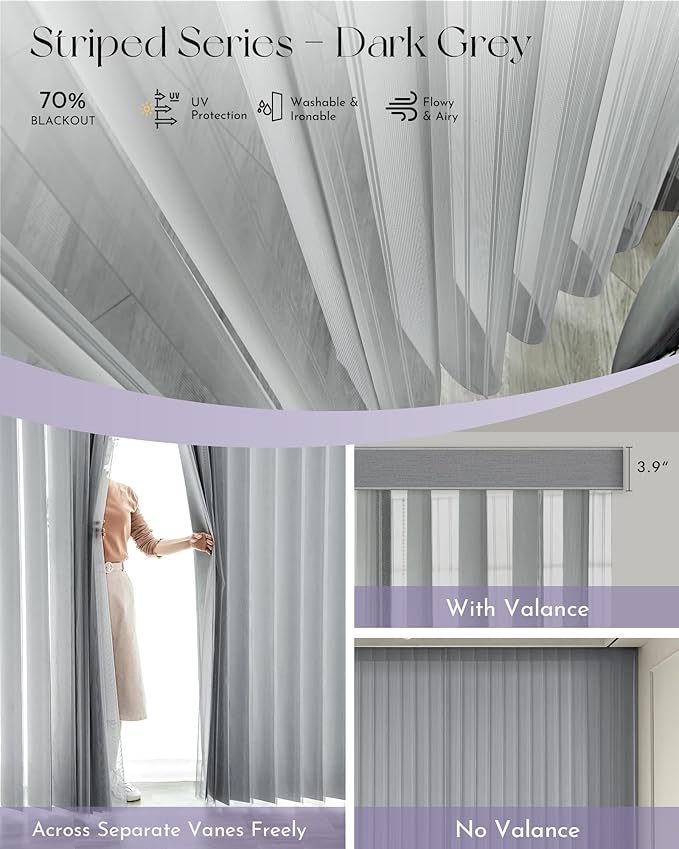Graywind Motorized Sheer Vertical Blinds Compatible with Alexa Google Smart Sheer Curtain Drapery Privacy Light Filtering Remote Control Vertical Shades, Custom Width Up to 157", Striped Dark Grey