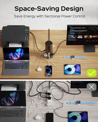 Power Strip Tower Surge Protector 1050J, 20 AC Outlets 6 USB Ports, 13A Desktop Electrical Charging Station, 6.5ft Heavy Duty Extension Cord, for Home, Office, Garage, Black Walnut