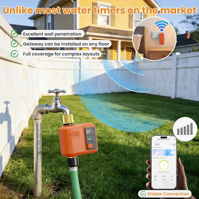 WiFi Water Timer for Garden Hose, Smart Sprinkler Timer with 984ft Long Range, Strong Wall Penetration, APP & Remote Control, Voice Control, Rain Delay, Manual Mode, Watering System