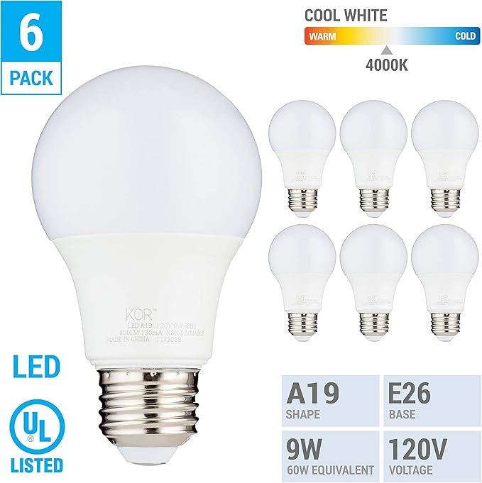 KOR 6 Pack A19 LED Light Bulb, 60W Equivalent, 4000K Cool White, 800 Lumens, Efficient 9 Watt Replacement Bulbs with E26 Standard Base, 15000 Long Life Hours, Non-Dimmable, 80+ CRI, UL Listed