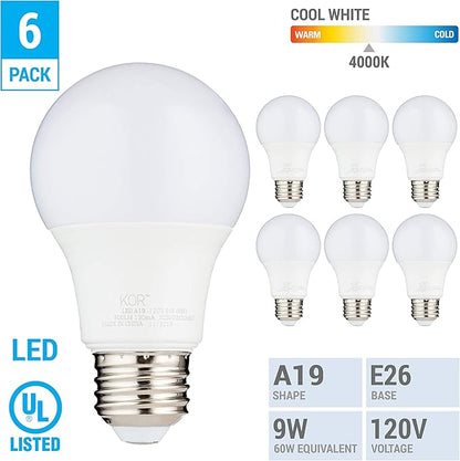 KOR 6 Pack A19 LED Light Bulb, 60W Equivalent, 4000K Cool White, 800 Lumens, Efficient 9 Watt Replacement Bulbs with E26 Standard Base, 15000 Long Life Hours, Non-Dimmable, 80+ CRI, UL Listed