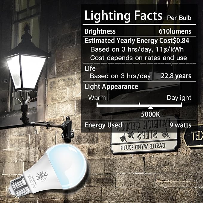 Gonhom 8 Pack Dusk to Dawn Light Bulbs Outdoor, 5000K-Daylight, 720LM, 9W(60W Equivalent) A19 E26 Automatic On/Off LED Light Bulbs, Dusk to Dawn LED Outdoor Lighting for Porch Garage Patio