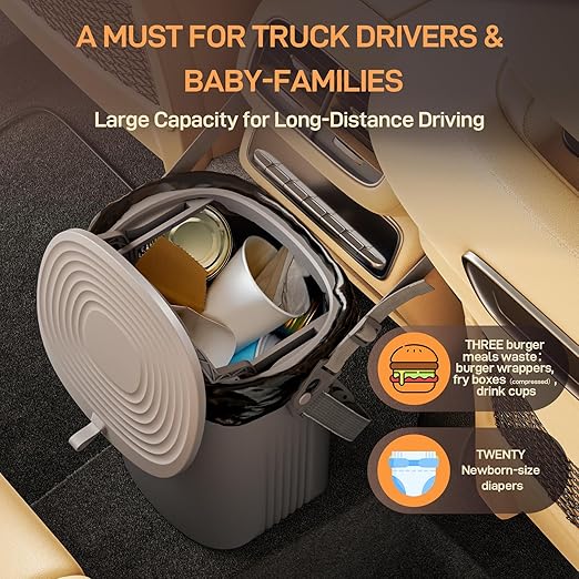 Waretary Trash Can for Car Garbage: Leakproof Silicone Car Waste Bin w/Lid for Drivers and Passengers; 2 Gallon Garbage Container for Vehicle, Sedan, SUV, Van, MPV & Truck (Gray)