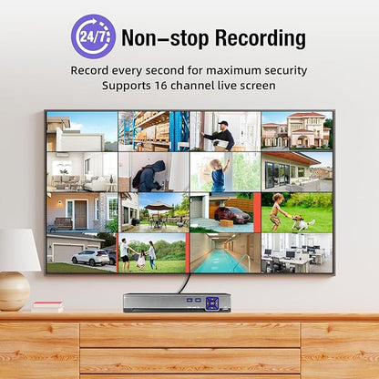 TOWODE 16 Channel Security Recorder DVR Supports 5MP Hybrid 5-in-1 AHD/TVI/CVI/CVBS/XVI Analog Camera DVR with Human Detection, Remote Access 24/7 Recording(Pre-Installed 1TB Hard Drive)