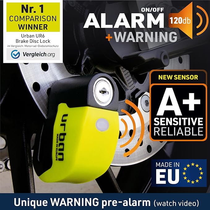 URBAN UR6 Hi-Tech Motorcycle Disc Lock with Smart Alarm | Best Value | 120dB, LED, Warning, A+ Sensitivity, Truly Waterproof, Long-Life CR2 Battery, Carried Locked, Bike Anti Theft Wheel Brake Locks