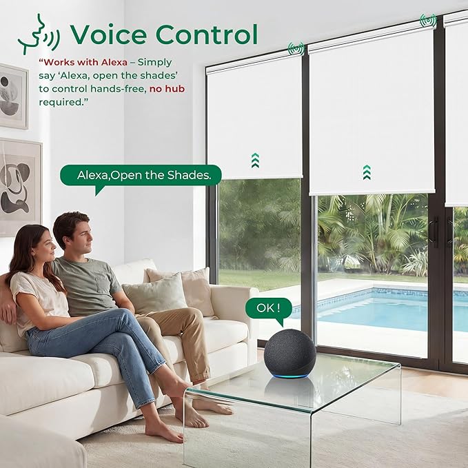Allesin Smart Zigbee Roller Shades with Alexa Control, Blackout Motorized Blinds, No Hub Needed, Custom Sizes, Remote Included, (White, 48" W x 72" H)