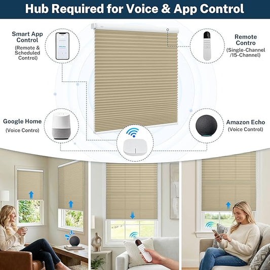 Motorized No Drill Cordless Cellular Shades, 1.5" Smart Electric Honeycomb Blind with Remote Control, Automatic No Drill Cellular Shades for Home and Office Indoor Window, Blackout Brown