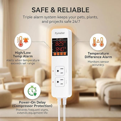 2 in 1 Digital Temperature Controller Dual Outlet Heat Mat Thermostat Reptile Greenhouse Heater Home Brewing Freezer Cooling Heating Pad Control 16A 1920W