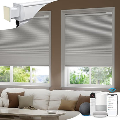 No Drill Motorized Cellular Shades, Cordless Blackout Honeycomb Blinds for Windows, Smart Automatic Blinds Compatible with Alexa/Google Home/Smarthings, White
