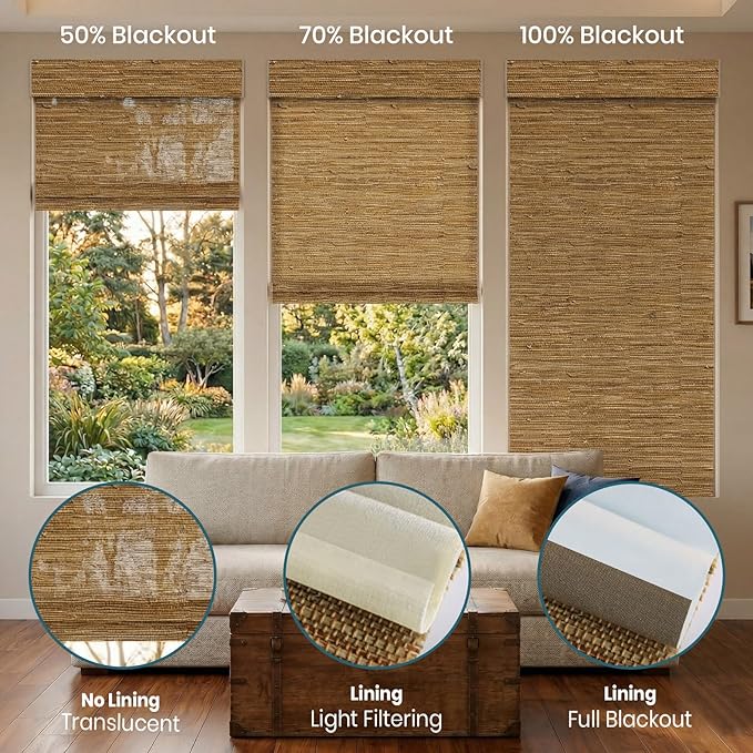 Motorized Roman Shades with Remote,Wooden Blinds Compatible with Alexa/Google/Apple Homekit,Natural Woven Wood Blinds,Customized Size,Crocheting Dark Brown