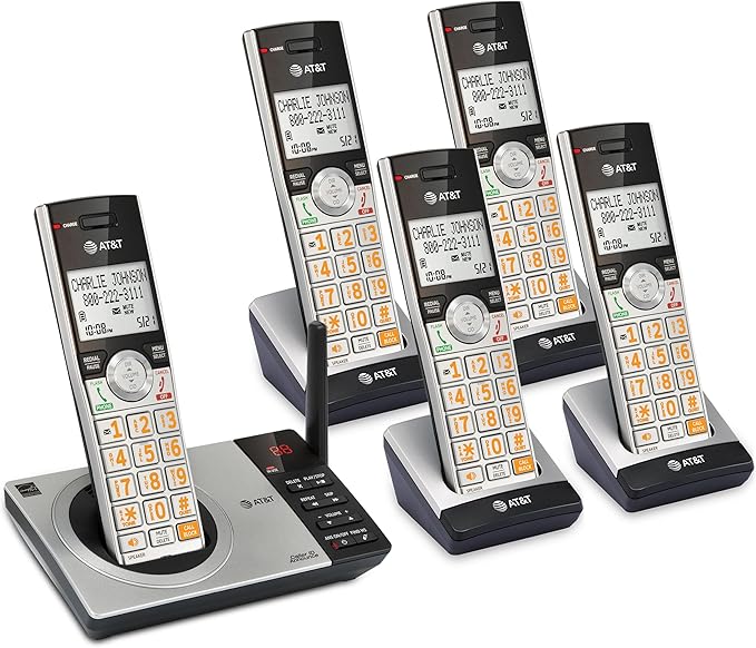 AT&T CL82507 DECT 6.0 5-Handset Cordless Phone for Home with Answering Machine, Call Blocking, Caller ID Announcer, Intercom and Long Range, Silver (CL82507)