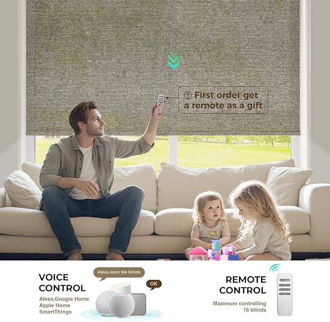 HeyBlinds Motorized Blinds with Remote, Smart Roller Shades with App & Voice Control, Work with Alexa Google HomeKit, Light Filtering Custom Shades for Living Room Office (Light Chaser-Coffee LF)
