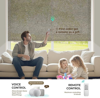 HeyBlinds Motorized Blinds with Remote, Smart Roller Shades with App & Voice Control, Work with Alexa Google HomeKit, Light Filtering Custom Shades for Living Room Office (Light Chaser-Coffee LF)