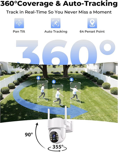 4MP Security Cameras Wireless Outdoor, No Subscription 128GB Local Storage, Solar Powered Cameras For Home Security, PTZ Auto Tracking, 4Cam-Kit, Color Night Vision Home Security Camera System,5G&2.4G