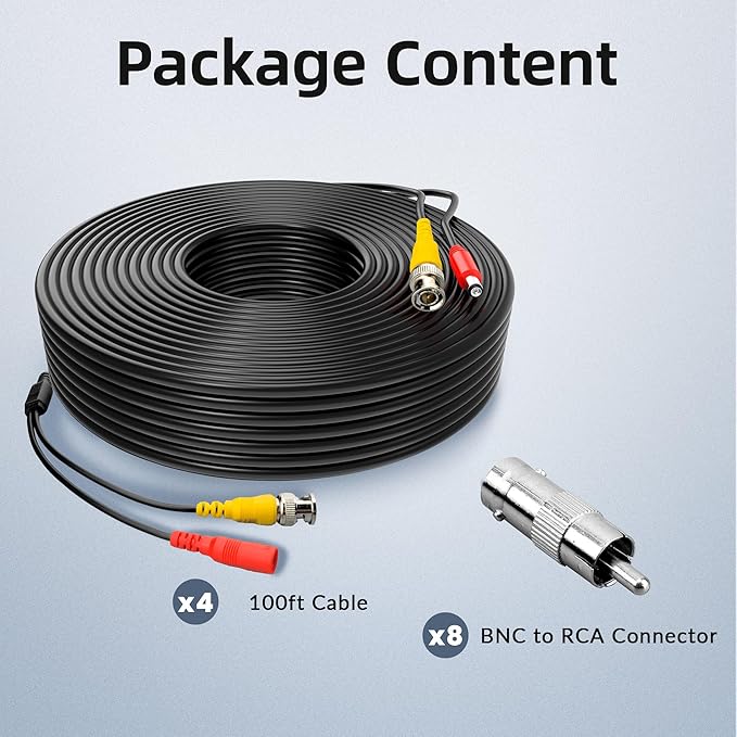 ABLEGRID® 4 Pack 100ft bnc Video Power Cable Security Camera Cable Wire Cord for CCTV dvr Surveillance System (Included 2X BNC to RCA connectors with Each Cable)