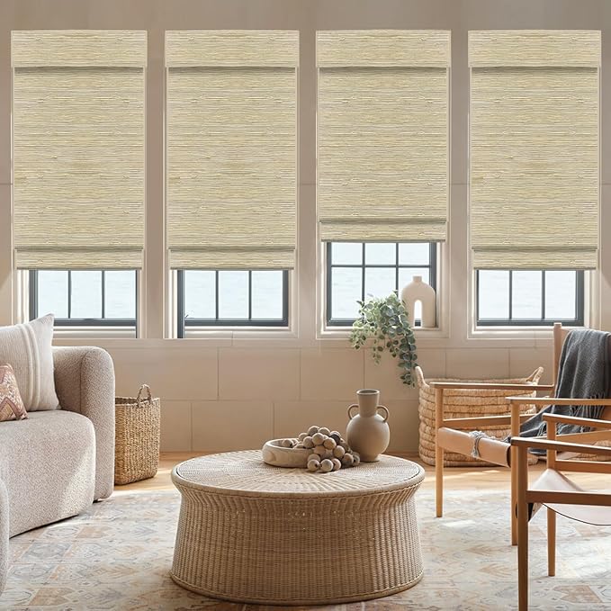 Motorized Roman Woven Woods Shades Work with HomeKit/Alexa/Google Home, Cordless Motorized Roman Shades,Electric Roman Blinds Custom Size,Crocheting Pale