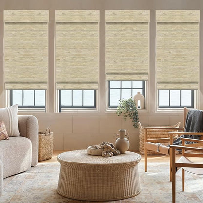 Motorized Roman Woven Woods Shades Work with HomeKit/Alexa/Google Home, Cordless Motorized Roman Shades,Electric Roman Blinds Custom Size,Crocheting Pale
