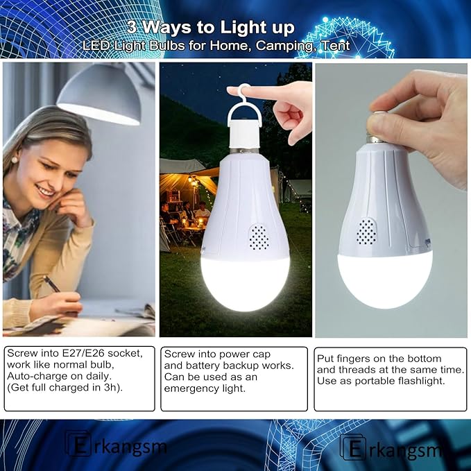 Rechargeable Emergency Smart Light-Bulbs with Remote,Removable Battery Light Bulb,3 Color and Dimmable 1200mAh 12W E27 LED Light Bulbs for Home, Camping, Tent,Pack of 2