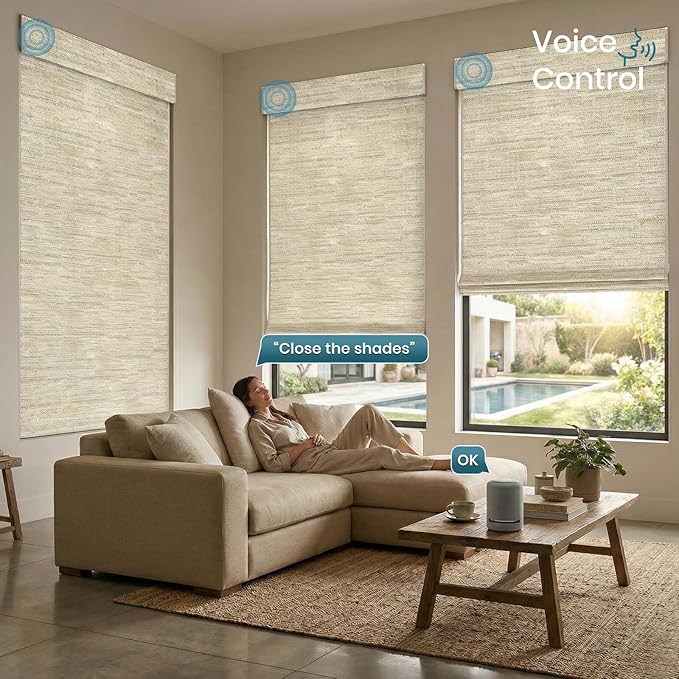 Motorized Roman Shades, Woven Woods Shades, Work with HomeKit/Alexa/Google Home, Cordless, Custom Size, Crocheting Kenaf