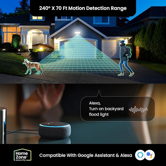 Home Zone Security Smart Flood Lights 3500 Lumens, 5000K Super Bright Security Light, 3 Adjustable Heads, Remote Control from App, Weather Resistant, Motion Sensor, Adjustable Color Temperature