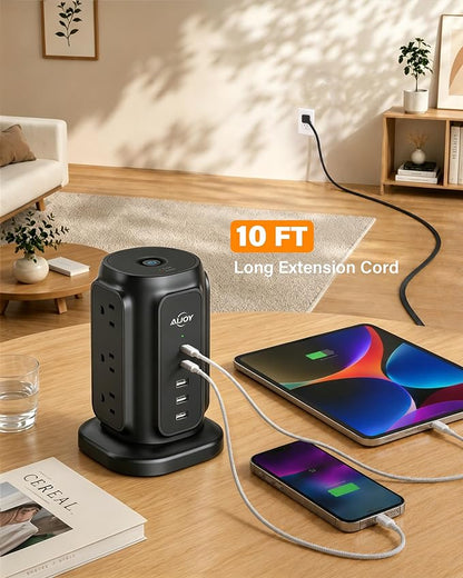 AiJoy 10FT Flat Plug Power Strip Tower with 9 AC Outlets and 5 USB Ports | 1200J Surge Protector Power Strip Outlet Extender Charging Station for Home, Office Supplies, Dorm Essentials