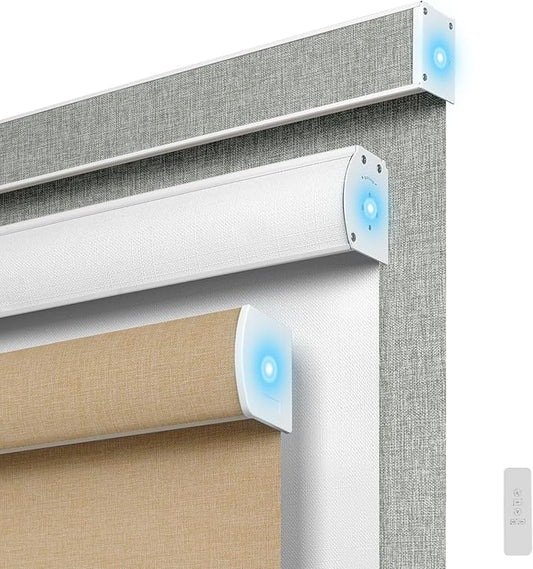 BERISSA Motorized Blinds with Remote,Blackout&Light Filtering Smart Blinds for Windows,Linen Fabric,Remote Control,Customized Automatic Blinds,Electric Blinds with Solar Pannel/USB.Custom Color