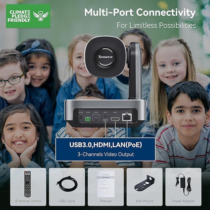Tenveo 4K PTZ Camera, AI Humanoid & Face Auto-Tracking, 12X Optical Zoom Wide Angle, USB3.0/HDMI/LAN PoE IP Live Streaming for Church Video Conference Broadcast Zoom Teams YouTube OBS