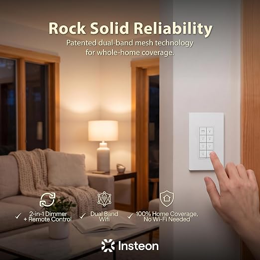 INSTEON 2334-222 Keypad Dimmer Switch (Dual-Band), 8-Button, White | Controls Up to 7 Devices, 150W LED, Dual-Band Smart Switch, Neutral Wire Required, Hub Required for Alexa & Google Assistant