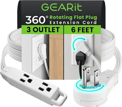 GEARit 6 ft 360° Rotating Flat Plug Extension Cord, 3 Outlet Low Profile Power Cord, 16 AWG 13A 3 Prong Grounded Indoor Cord, ETL Listed, Space-Saving for Furniture, White