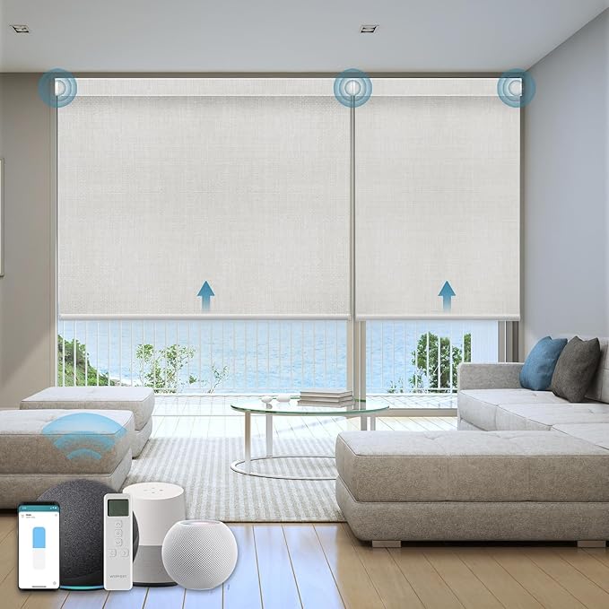 Motorized Roller Shade, 100% Blackout Smart Window Blinds Work with Homekit, Alexa, Google Home, Remote Control, Electric Blinds with USB/Solar Pannel Charging, Gentle White