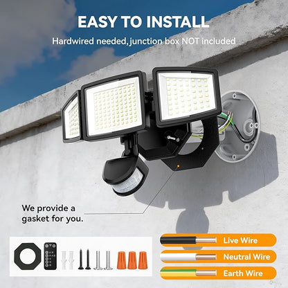 LED Security Lights Motion Sensor Light Outdoor, 7000LM, 6500K, Waterproof, Flood Light Outdoor Motion Detector with Adjustable 3 Head, Hardwired Wall Light for Entryway, Yard, Garage (2)
