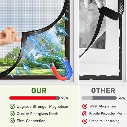 HOFUDON Window Screen Adjustable Magnetic Window Screen Replacement Max 43” x 71”, DIY Fiberglass Mesh Window Screens for House Windows Black Frame Grey Mesh