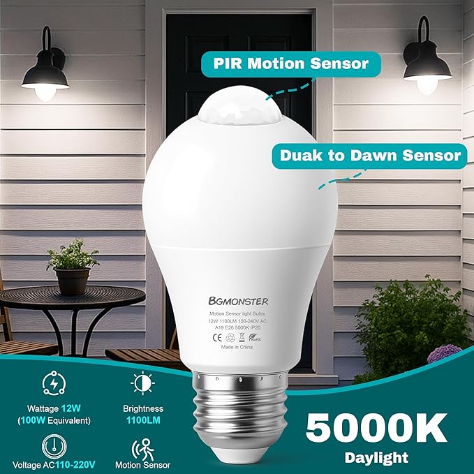 8-Pack Motion Sensor Light Bulbs, 12W(100W Equivalent), Movement Security LED Bulb(Energy Efficient) Indoor/Outdoor, Motion Activated Dusk to Dawn Bulb for Porch, Garage, Basement, Hallway, Stairs