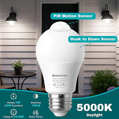 8-Pack Motion Sensor Light Bulbs, 12W(100W Equivalent), Movement Security LED Bulb(Energy Efficient) Indoor/Outdoor, Motion Activated Dusk to Dawn Bulb for Porch, Garage, Basement, Hallway, Stairs