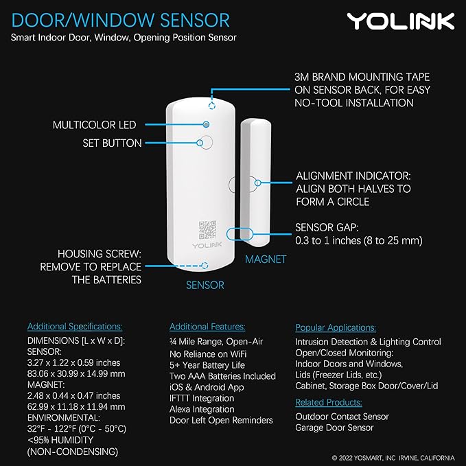 YoLink LoRa Smart Door Sensor Starter Kit: Hub & (2) Door Sensors - Up to 1/4 Mile Open-Air Range, Door Left-Open Reminders, up to 5 Year Battery Life, Alexa, IFTTT, Home Assistant