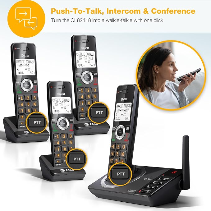 AT&T 4-Handset Expandable DECT 6.0 Cordless Home Phone with Large Display, Big Buttons, Answering Machine, Smart Call Blocker, Long Range, Caller ID, Speakerphone, Intercom: CL82418 (Charcoal Black)