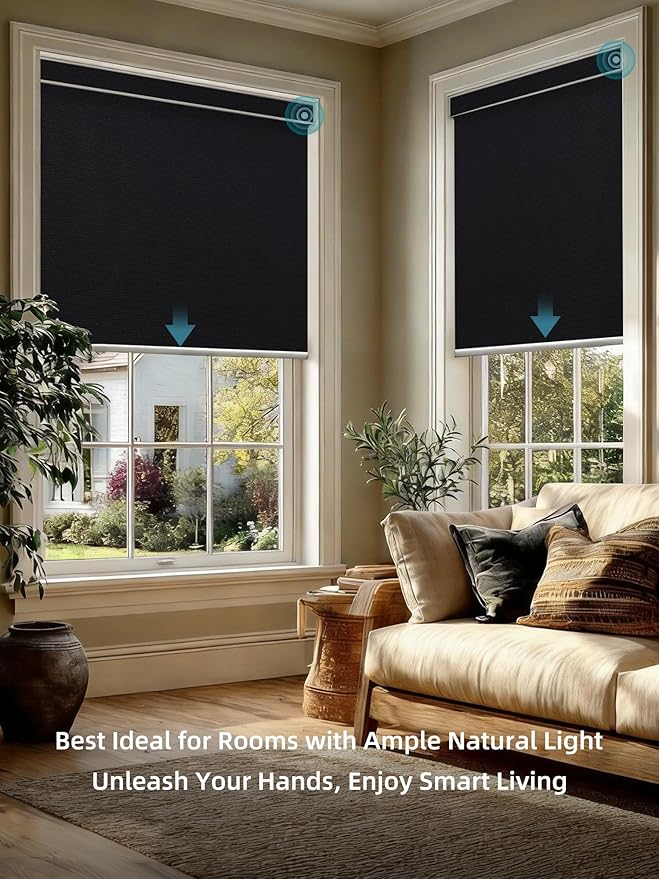 SmartWings Motorized Smart Blinds with Remote, Custom Automatic 100% Blackout Roller Shade Compatible with Alexa/Homekit/Google, Electric Smart Blinds for Indoor Windows, Eclipse Black