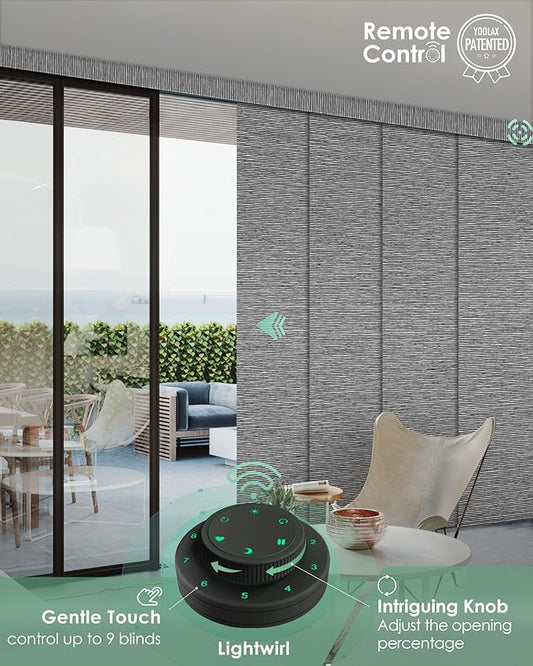 Yoolax Custom XL Smart Sliding Door Blinds, Motorized Sliding Panel Blinds Compatible with Alexa, Fabric Blackout Vertical Rechargeable Battery Shades for Glass Doors(Basalt Stripe Black)