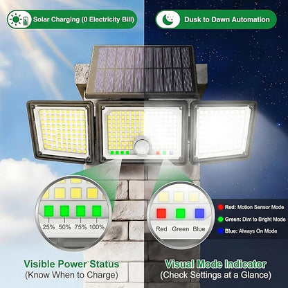 Solar Outdoor Lights Motion Sensor, 2500LM 286 LED Security Flood Lights with Visual Battery & Mode Display, 3 Lighting Modes, IP65 Waterproof 3-Head Wide Angle for Garage, Yard, Patio (2 Pack)