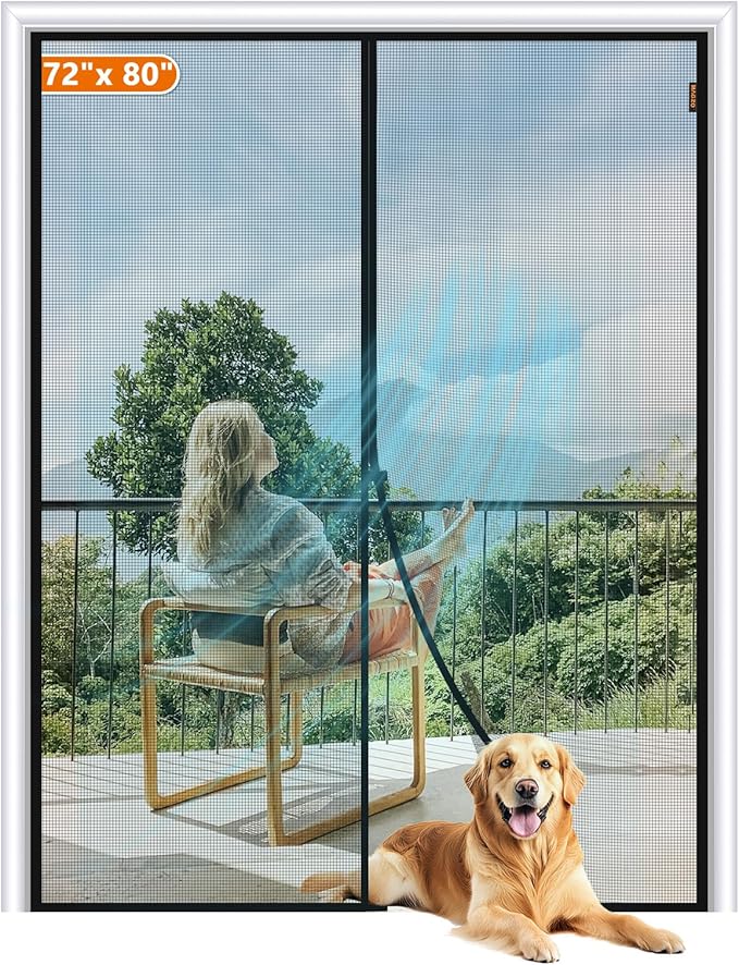 MAGZO Magnetic Screen Door Fit Door Size 72 x 80 Inch, Screen Size 74" x 81" Strong Magnet French Style Mesh, Fiberglass Heavy Duty Mesh with Hook & Loop for Sliding Entrance, Gray