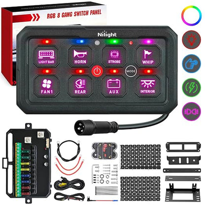 Nilight 8 Gang Switch Panel APP RGB 12V 24V Circuit Control System 4-Mode | Fuse Wiring Harness APP Remote Control Automatic Dimmable Toggle/Momentary/Strobe/Flash for Car Pickup Truck Camper SUV