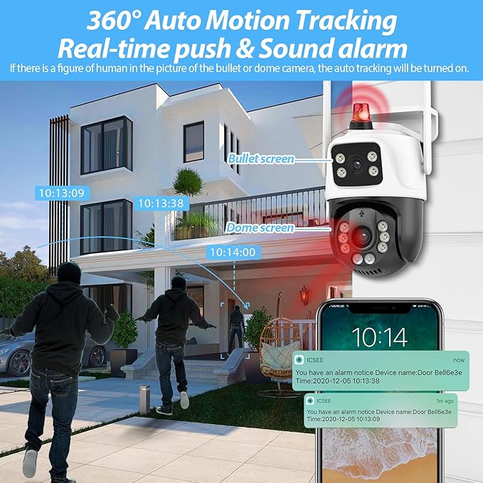 TOWODE 6MP Security Camera Outdoor 360°PTZ Surveillance System Dual Lens Linkage 2.4Ghz 24/7 Record IP66 WiFi Camera for Home Security with Motion Detection, Color Night Vision,Two-Way Audio（2Pack）