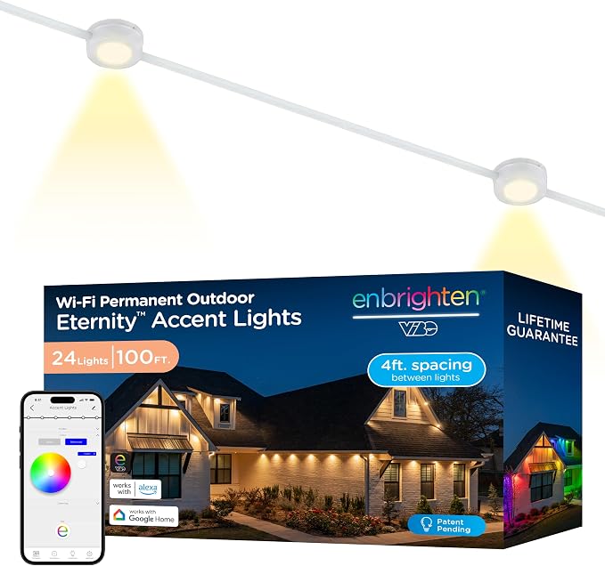 Enbrighten Accent Permanent Outdoor Lights, 100ft, 24 Lights, Smart | White Cord, RGBWIC LEDs, Weatherproof, Cuttable, Link to 200ft, Christmas, App Control, Works with Alexa & Google Home