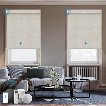 Motorized Roller Shade,100% Blackout Smart Window Blinds Work with Homekit, Alexa, Google Home, Remote Control, Electric Blinds with USB/Solar Pannel,Custom up110''Wx120''H,Texture Cream