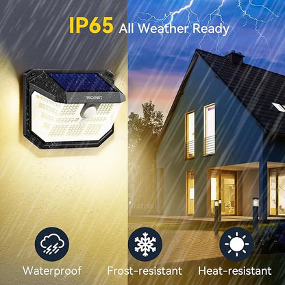 TECKNET 231 LED Solar Motion Lights Outdoor, 300° Angle & 3 Lighting Modes, PIR Motion Sensor & IP65 Security Solar Wall Lights for Fence Front Door Yard Deck Garden Garage(6 Pack-Warm Light)