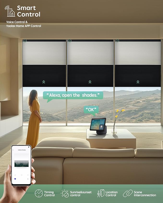 Yoolax Smart Motorized Day and Night Cellular Shades with Remote, Top Down Bottom Up Blinds Compatible with Alexa, Blackout and Light Filtering Honeycomb Blinds (Black)