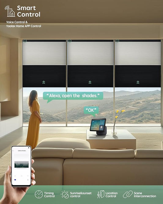 Yoolax Smart Motorized Day and Night Cellular Shades with Remote, Top Down Bottom Up Blinds Compatible with Alexa, Blackout and Light Filtering Honeycomb Blinds (Black)